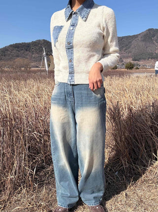 Snap Button Shirt Layered V-Neck Shoulder Pad Knit Cardigan