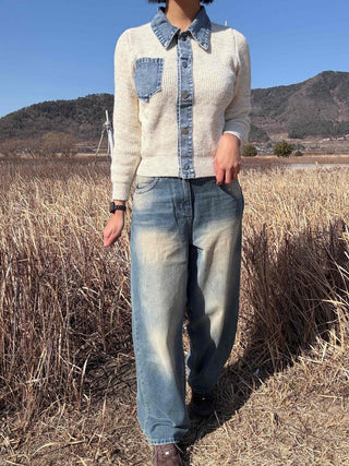 Snap Button Shirt Layered V-Neck Shoulder Pad Knit Cardigan
