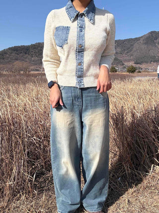 Snap Button Shirt Layered V-Neck Shoulder Pad Knit Cardigan