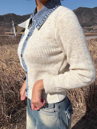 Snap Button Shirt Layered V-Neck Shoulder Pad Knit Cardigan