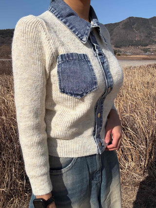 Snap Button Shirt Layered V-Neck Shoulder Pad Knit Cardigan