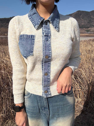 Snap Button Shirt Layered V-Neck Shoulder Pad Knit Cardigan