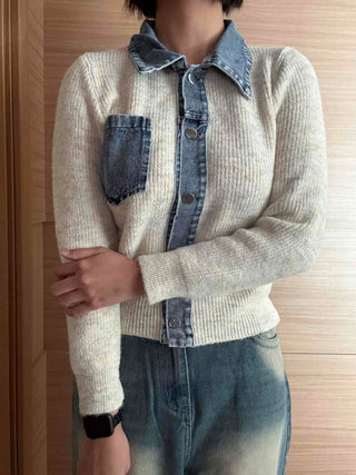 Snap Button Shirt Layered V-Neck Shoulder Pad Knit Cardigan