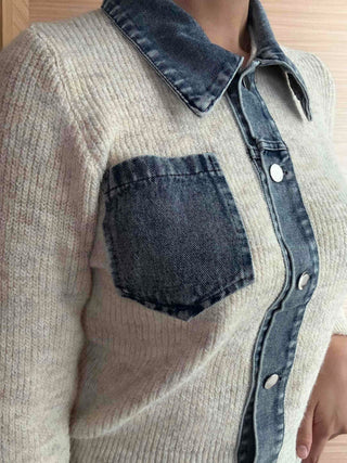 Snap Button Shirt Layered V-Neck Shoulder Pad Knit Cardigan