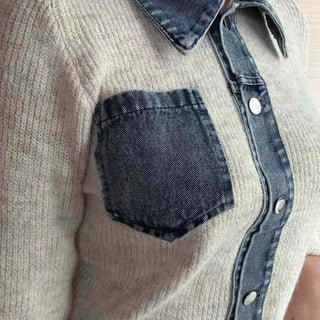 Snap Button Shirt Layered V-Neck Shoulder Pad Knit Cardigan