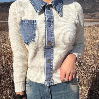 Snap Button Shirt Layered V-Neck Shoulder Pad Knit Cardigan