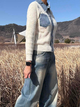 Snap Button Shirt Layered V-Neck Shoulder Pad Knit Cardigan