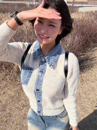 Snap Button Shirt Layered V-Neck Shoulder Pad Knit Cardigan