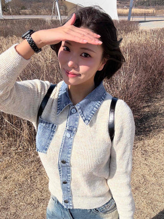 Snap Button Shirt Layered V-Neck Shoulder Pad Knit Cardigan