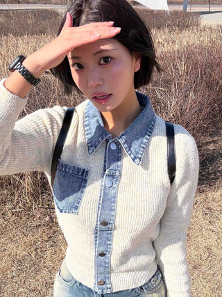 Snap Button Shirt Layered V-Neck Shoulder Pad Knit Cardigan