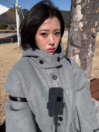 Soft High-Neck Button Hood Boxy Short Coat