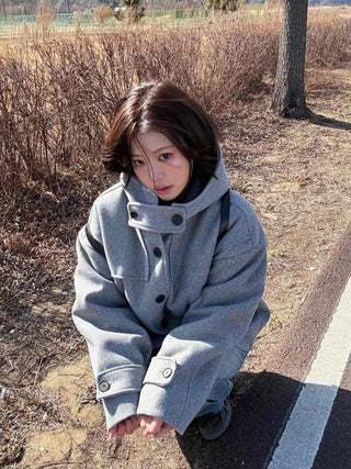 Soft High-Neck Button Hood Boxy Short Coat