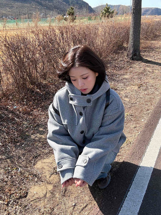 Soft High-Neck Button Hood Boxy Short Coat