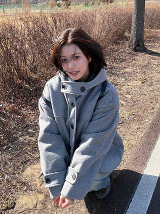 Soft High-Neck Button Hood Boxy Short Coat