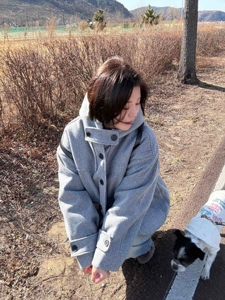 Soft High-Neck Button Hood Boxy Short Coat