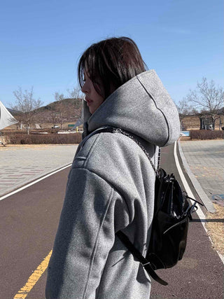 Soft High-Neck Button Hood Boxy Short Coat