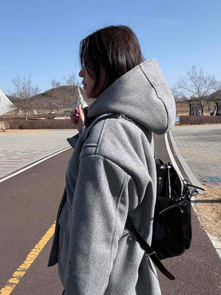 Soft High-Neck Button Hood Boxy Short Coat