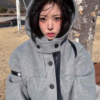 Soft High-Neck Button Hood Boxy Short Coat