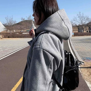Soft High-Neck Button Hood Boxy Short Coat