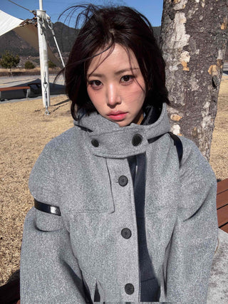 Soft High-Neck Button Hood Boxy Short Coat