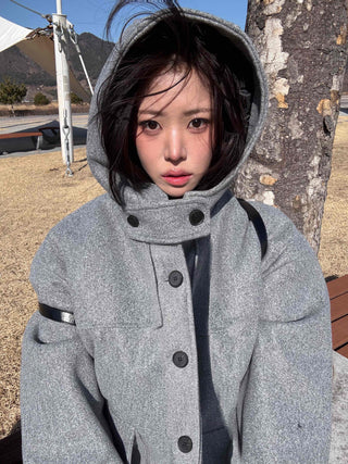 Soft High-Neck Button Hood Boxy Short Coat