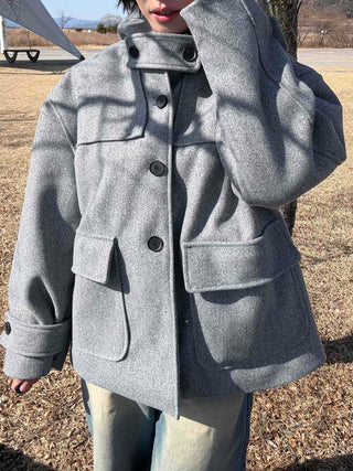 Soft High-Neck Button Hood Boxy Short Coat