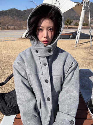 Soft High-Neck Button Hood Boxy Short Coat