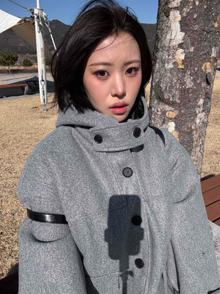 Soft High-Neck Button Hood Boxy Short Coat