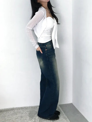 Kimo Crop See-through Ribbed Knit Cardigan