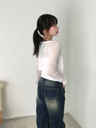 Kimo Crop See-through Ribbed Knit Cardigan
