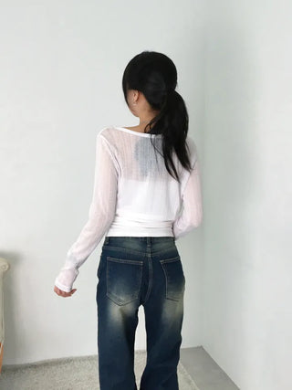 Kimo Crop See-through Ribbed Knit Cardigan