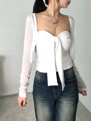 Kimo Crop See-through Ribbed Knit Cardigan