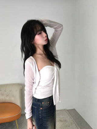 Kimo Crop See-through Ribbed Knit Cardigan