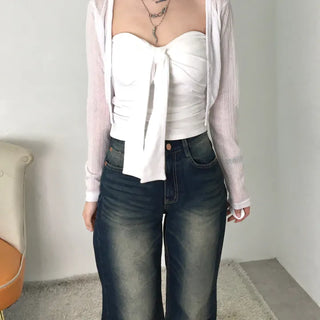 Kimo Crop See-through Ribbed Knit Cardigan