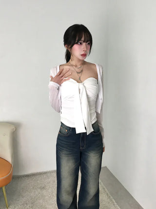 Kimo Crop See-through Ribbed Knit Cardigan