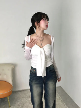 Kimo Crop See-through Ribbed Knit Cardigan