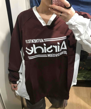 Lettering Windbreaker V-Neck Sweatshirt