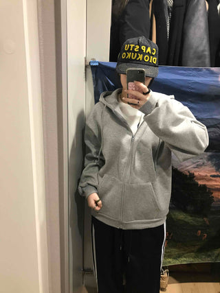 Boxy Fit Fleece-Lined Zip-Up Hoodie