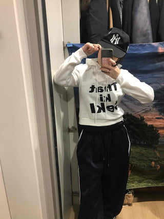 Lettering Short Fleece-Lined Hoodie