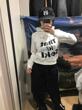 Lettering Short Fleece-Lined Hoodie