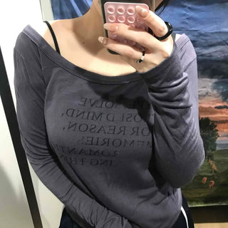 Lettering Slim Fit Off-Shoulder Long Sleeve T-shirt