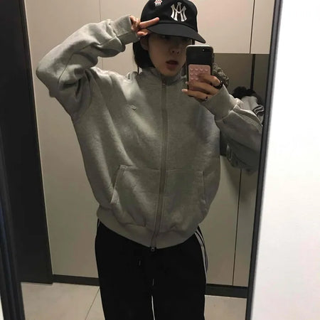 Oversized Fleece-Lined Lace Track Zip-Up Hoodie