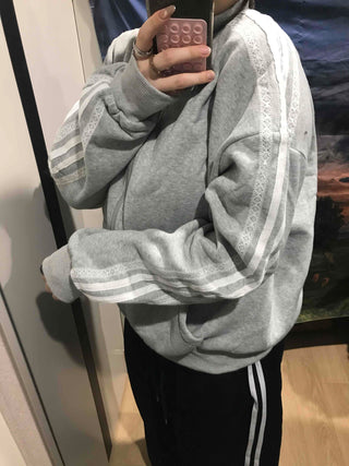 Oversized Fleece-Lined Lace Track Zip-Up Hoodie