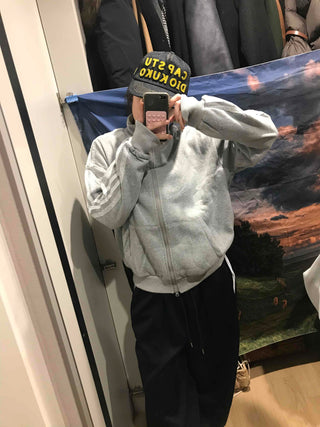 Oversized Fleece-Lined Lace Track Zip-Up Hoodie
