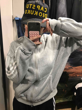 Oversized Fleece-Lined Lace Track Zip-Up Hoodie