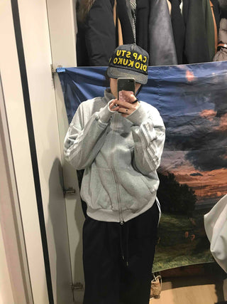 Oversized Fleece-Lined Lace Track Zip-Up Hoodie