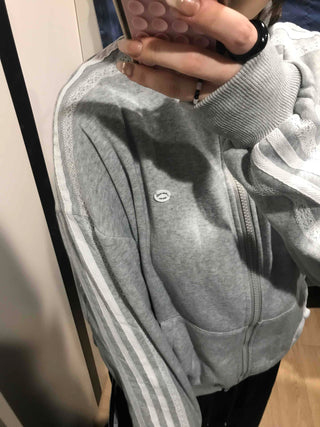Oversized Fleece-Lined Lace Track Zip-Up Hoodie
