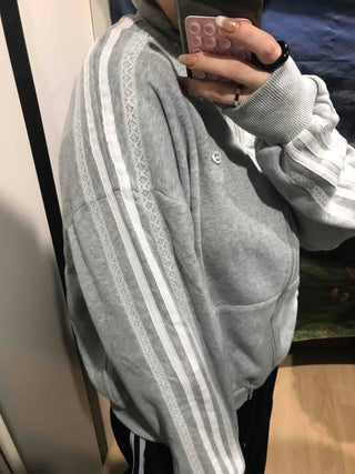 Oversized Fleece-Lined Lace Track Zip-Up Hoodie