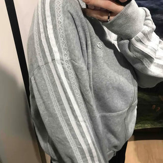 Oversized Fleece-Lined Lace Track Zip-Up Hoodie