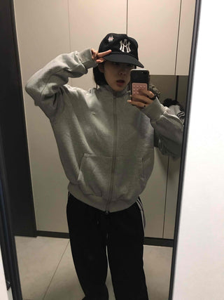 Oversized Fleece-Lined Lace Track Zip-Up Hoodie